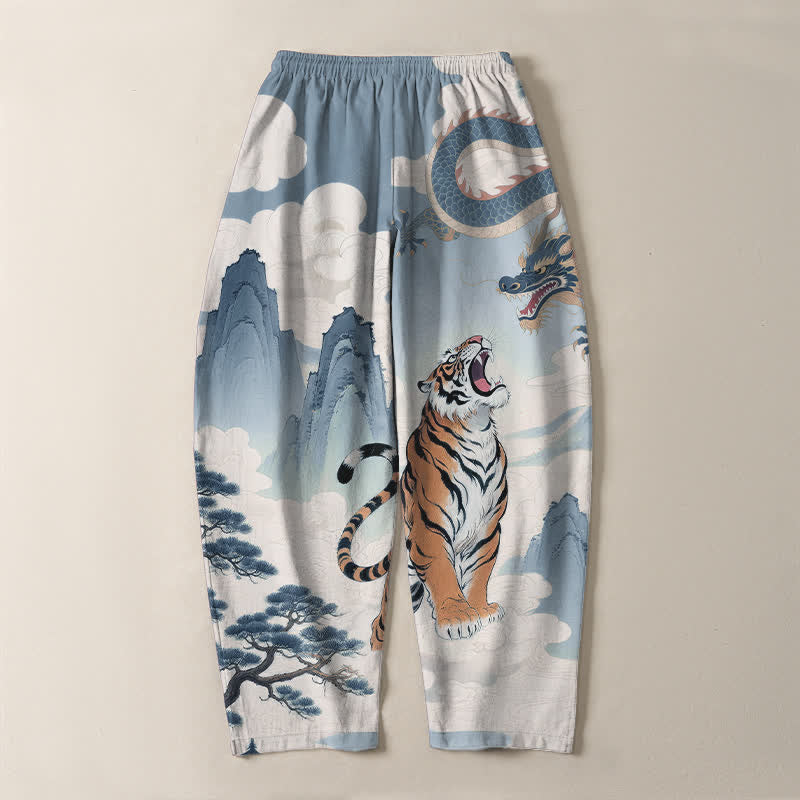 Nimara Ritual Pure Cotton Tiger Dragon Landscape Pattern Drawstring Men's Tapered Pants With Pockets