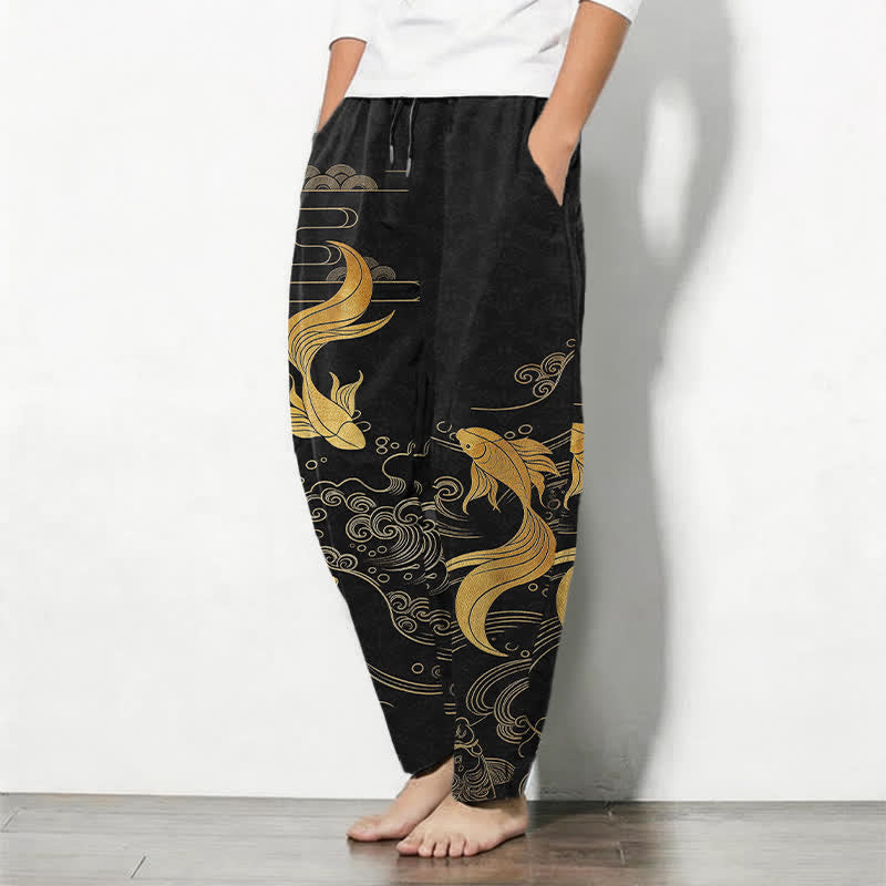 Nimara Ritual Pure Cotton Golden Koi Fish Wave Pattern Drawstring Men's Tapered Pants With Pockets
