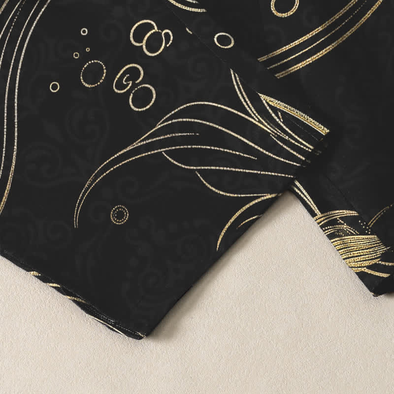 Nimara Ritual Pure Cotton Golden Koi Fish Wave Pattern Drawstring Men's Tapered Pants With Pockets