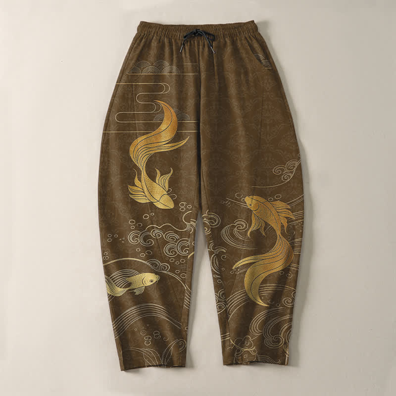 Nimara Ritual Pure Cotton Golden Koi Fish Wave Pattern Drawstring Men's Tapered Pants With Pockets