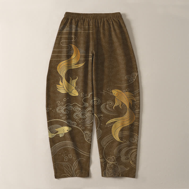 Nimara Ritual Pure Cotton Golden Koi Fish Wave Pattern Drawstring Men's Tapered Pants With Pockets