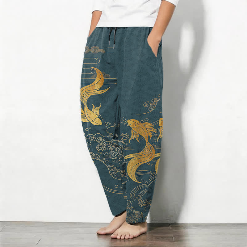 Nimara Ritual Pure Cotton Golden Koi Fish Wave Pattern Drawstring Men's Tapered Pants With Pockets