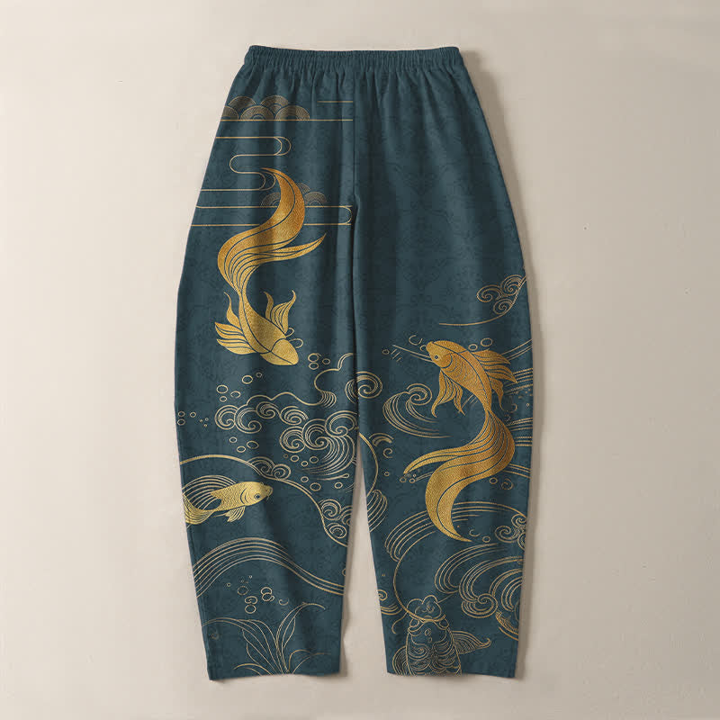 Nimara Ritual Pure Cotton Golden Koi Fish Wave Pattern Drawstring Men's Tapered Pants With Pockets