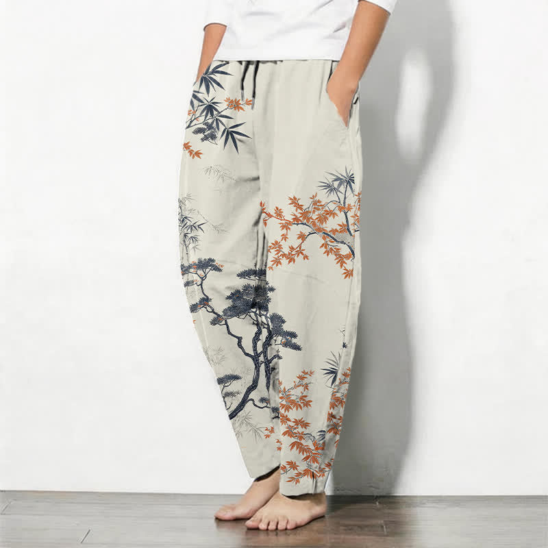 Nimara Ritual Pure Cotton Maple Bamboo Pine Pattern Drawstring Men's Tapered Pants With Pockets