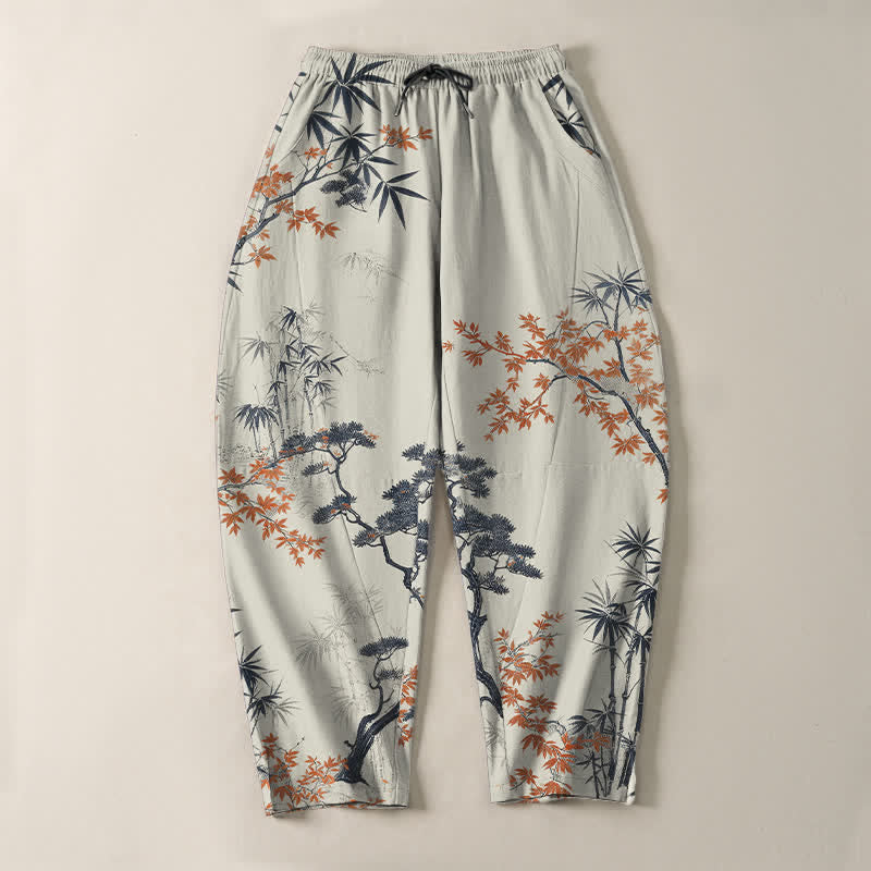 Nimara Ritual Pure Cotton Maple Bamboo Pine Pattern Drawstring Men's Tapered Pants With Pockets