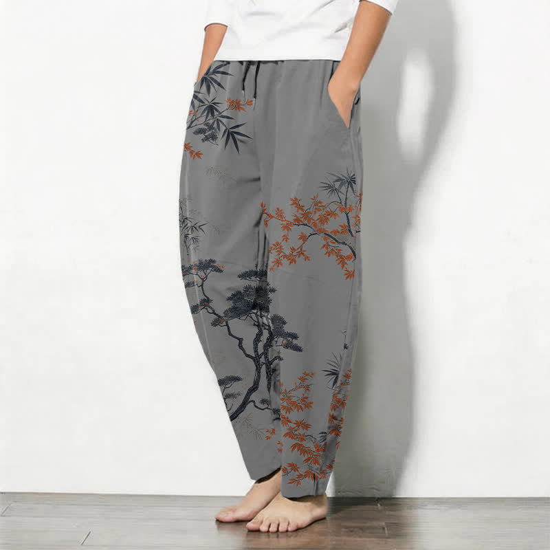 Nimara Ritual Pure Cotton Maple Bamboo Pine Pattern Drawstring Men's Tapered Pants With Pockets
