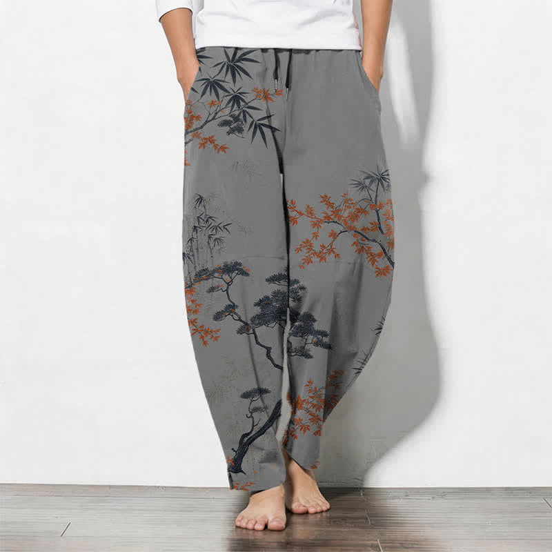 Nimara Ritual Pure Cotton Maple Bamboo Pine Pattern Drawstring Men's Tapered Pants With Pockets