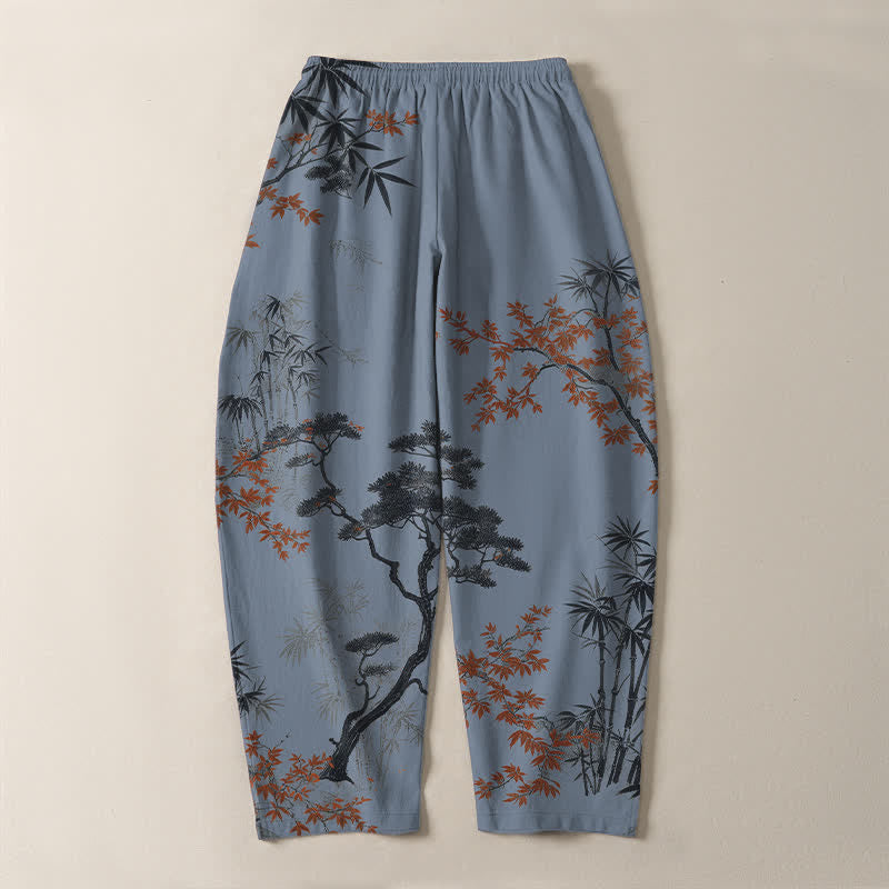 Nimara Ritual Pure Cotton Maple Bamboo Pine Pattern Drawstring Men's Tapered Pants With Pockets