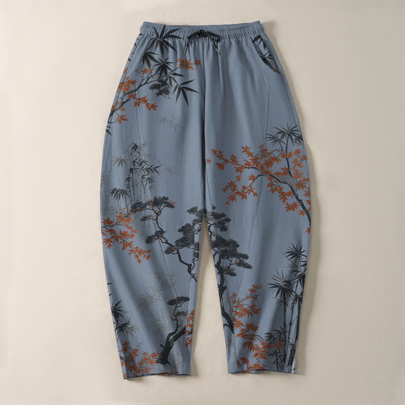 Nimara Ritual Pure Cotton Maple Bamboo Pine Pattern Drawstring Men's Tapered Pants With Pockets