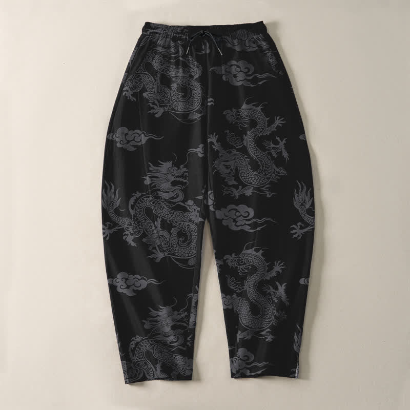 Nimara Ritual Pure Cotton Dark Dragon Cloud Pattern Drawstring Men's Tapered Pants With Pockets
