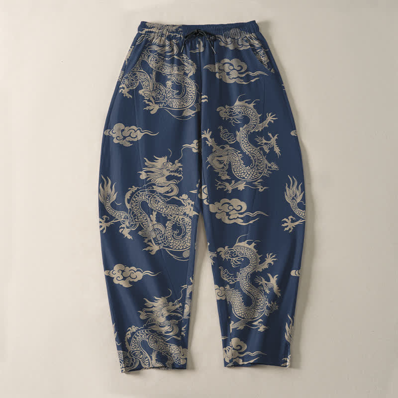 Nimara Ritual Pure Cotton Dark Dragon Cloud Pattern Drawstring Men's Tapered Pants With Pockets
