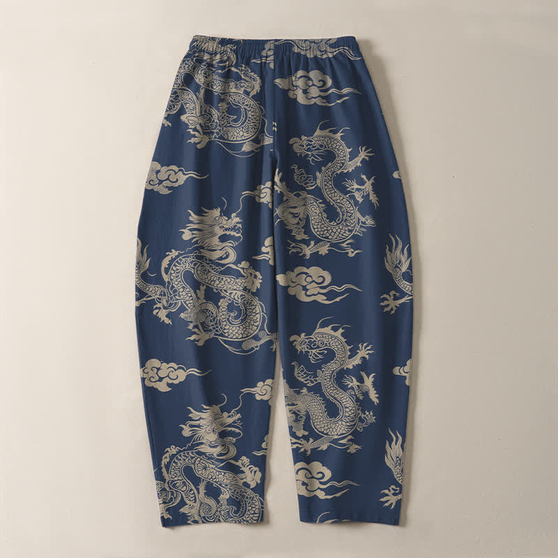 Nimara Ritual Pure Cotton Dark Dragon Cloud Pattern Drawstring Men's Tapered Pants With Pockets