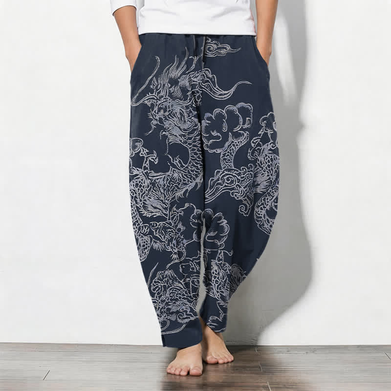 Nimara Ritual Pure Cotton Dragon Cloud Pattern Drawstring Men's Tapered Pants With Pockets