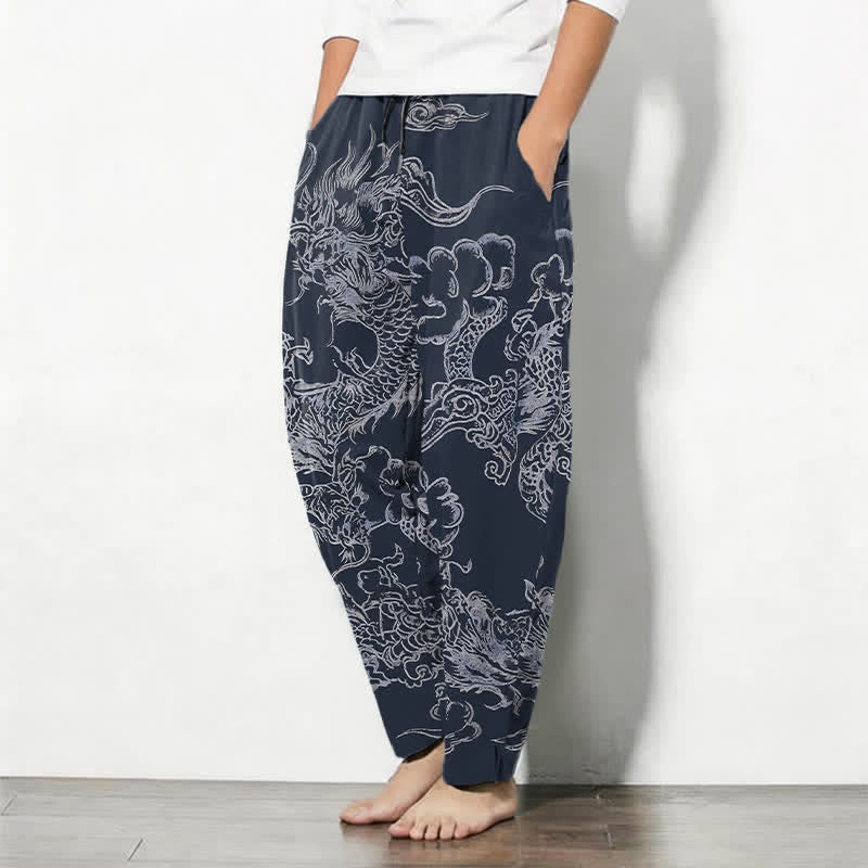 Nimara Ritual Pure Cotton Dragon Cloud Pattern Drawstring Men's Tapered Pants With Pockets