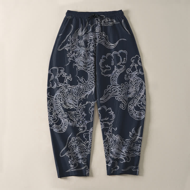 Nimara Ritual Pure Cotton Dragon Cloud Pattern Drawstring Men's Tapered Pants With Pockets