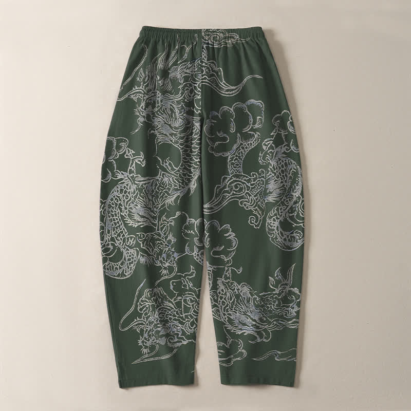 Nimara Ritual Pure Cotton Dragon Cloud Pattern Drawstring Men's Tapered Pants With Pockets