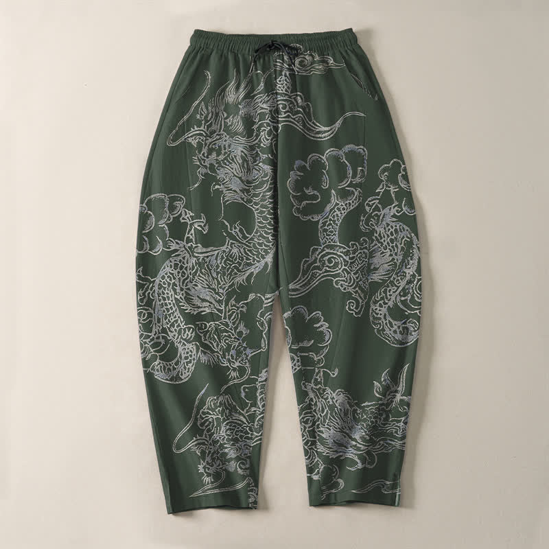 Nimara Ritual Pure Cotton Dragon Cloud Pattern Drawstring Men's Tapered Pants With Pockets