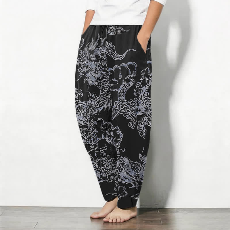 Nimara Ritual Pure Cotton Dragon Cloud Pattern Drawstring Men's Tapered Pants With Pockets