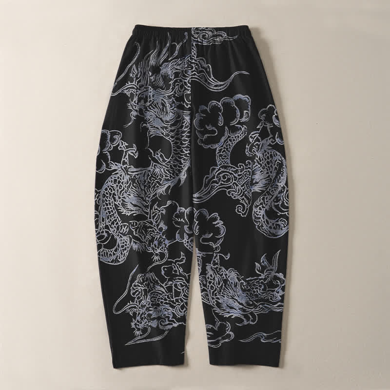 Nimara Ritual Pure Cotton Dragon Cloud Pattern Drawstring Men's Tapered Pants With Pockets