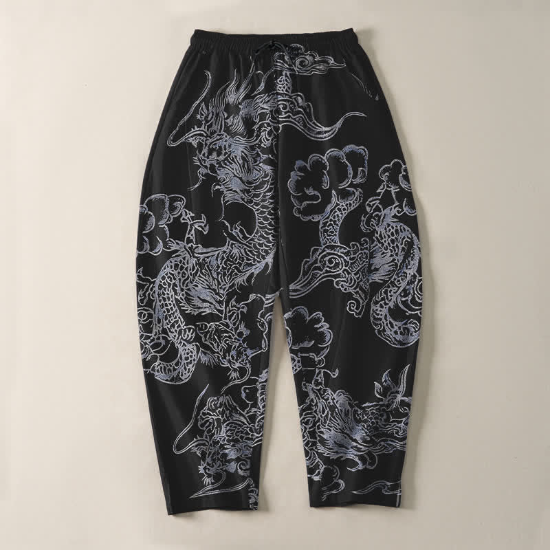 Nimara Ritual Pure Cotton Dragon Cloud Pattern Drawstring Men's Tapered Pants With Pockets