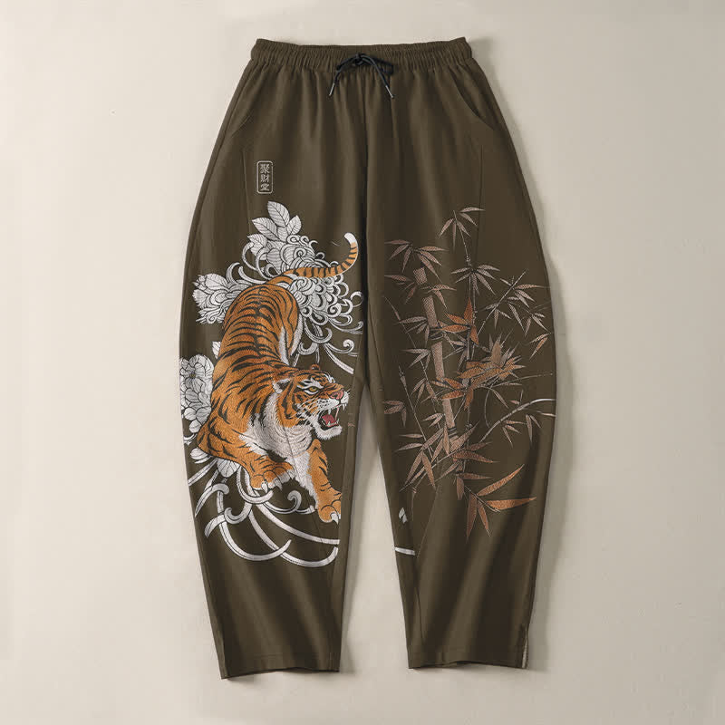 Nimara Ritual Pure Cotton Roaring Tiger Bamboo Pattern Drawstring Men's Tapered Pants With Pockets