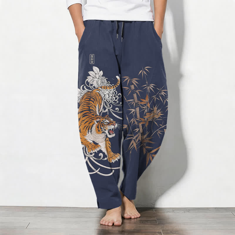 Nimara Ritual Pure Cotton Roaring Tiger Bamboo Pattern Drawstring Men's Tapered Pants With Pockets