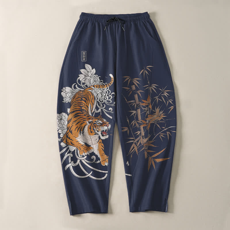 Nimara Ritual Pure Cotton Roaring Tiger Bamboo Pattern Drawstring Men's Tapered Pants With Pockets