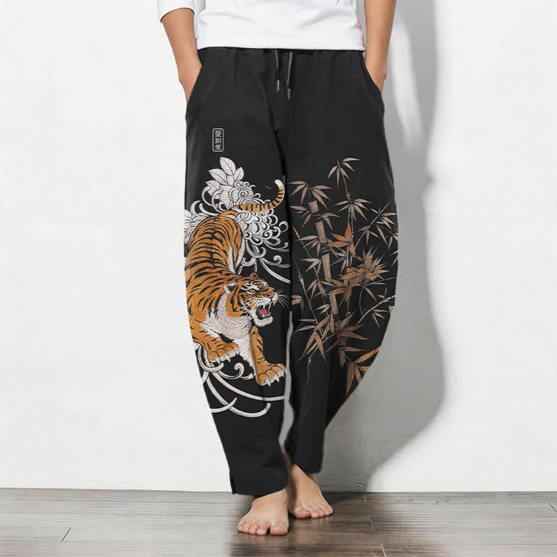 Nimara Ritual Pure Cotton Roaring Tiger Bamboo Pattern Drawstring Men's Tapered Pants With Pockets