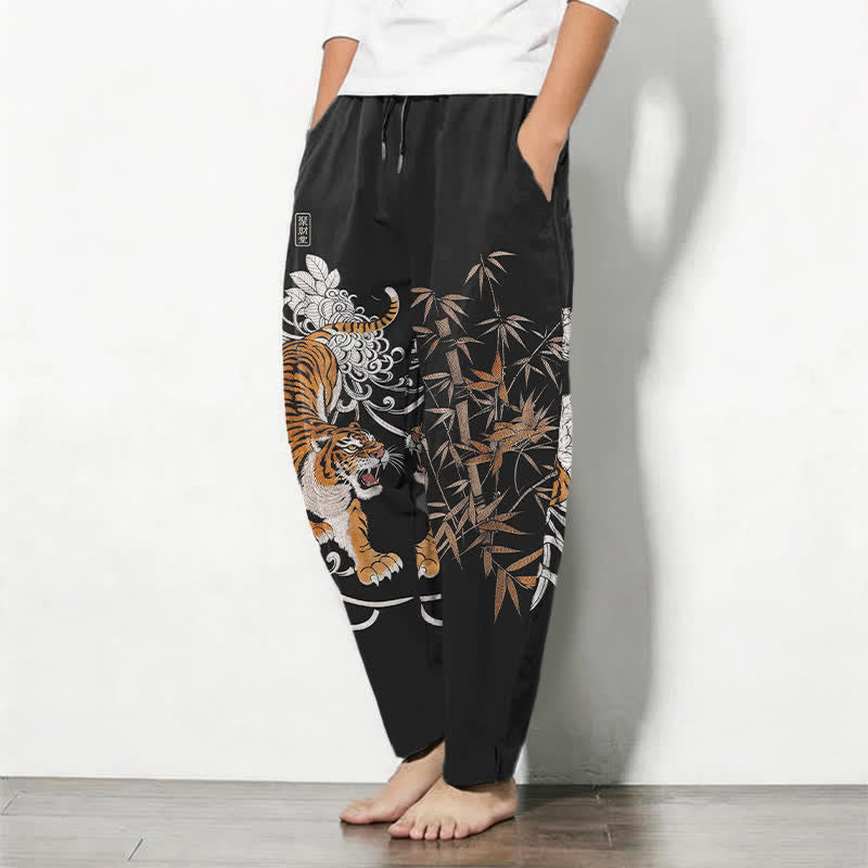Nimara Ritual Pure Cotton Roaring Tiger Bamboo Pattern Drawstring Men's Tapered Pants With Pockets
