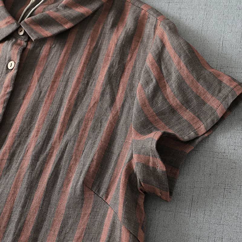 Nimara Ritual Summer Casual Vintage Button-Up Striped Women's Short Sleeve Dresses With Pocket