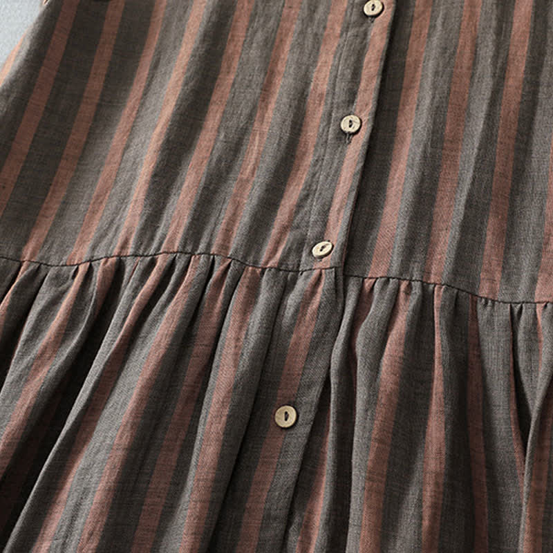 Nimara Ritual Summer Casual Vintage Button-Up Striped Women's Short Sleeve Dresses With Pocket