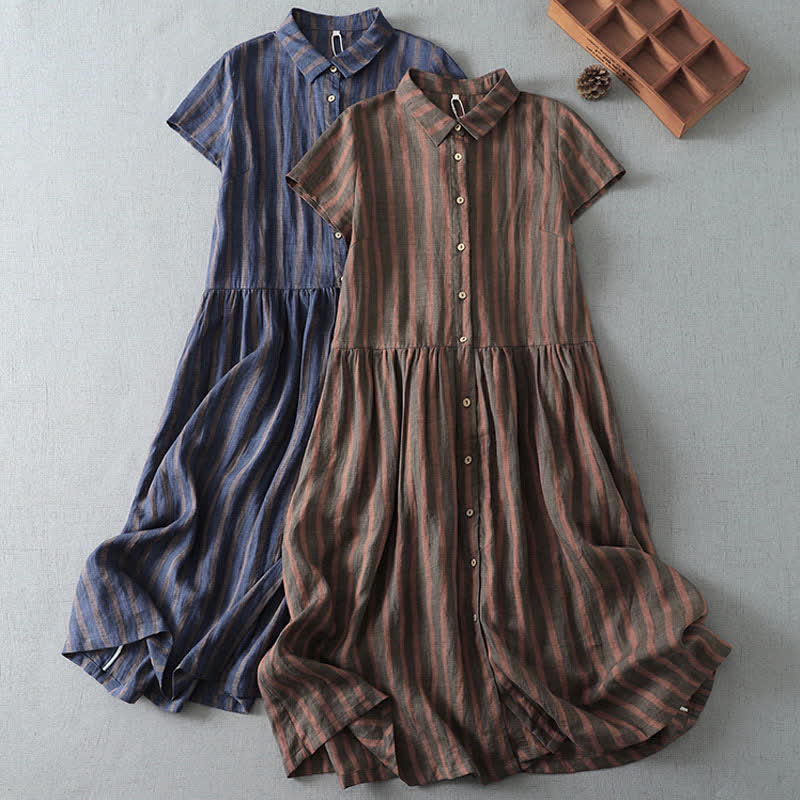 Nimara Ritual Summer Casual Vintage Button-Up Striped Women's Short Sleeve Dresses With Pocket