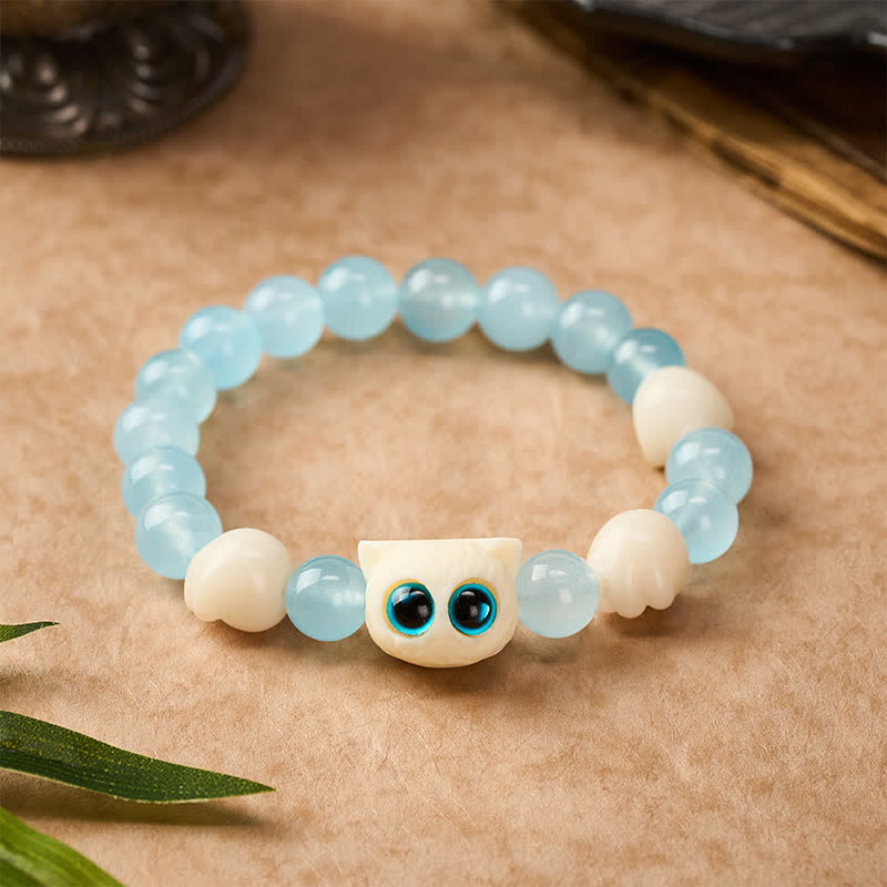 Nimara Ritual Blue Chalcedony Hand Carved Cat Purity Bead Bracelet
