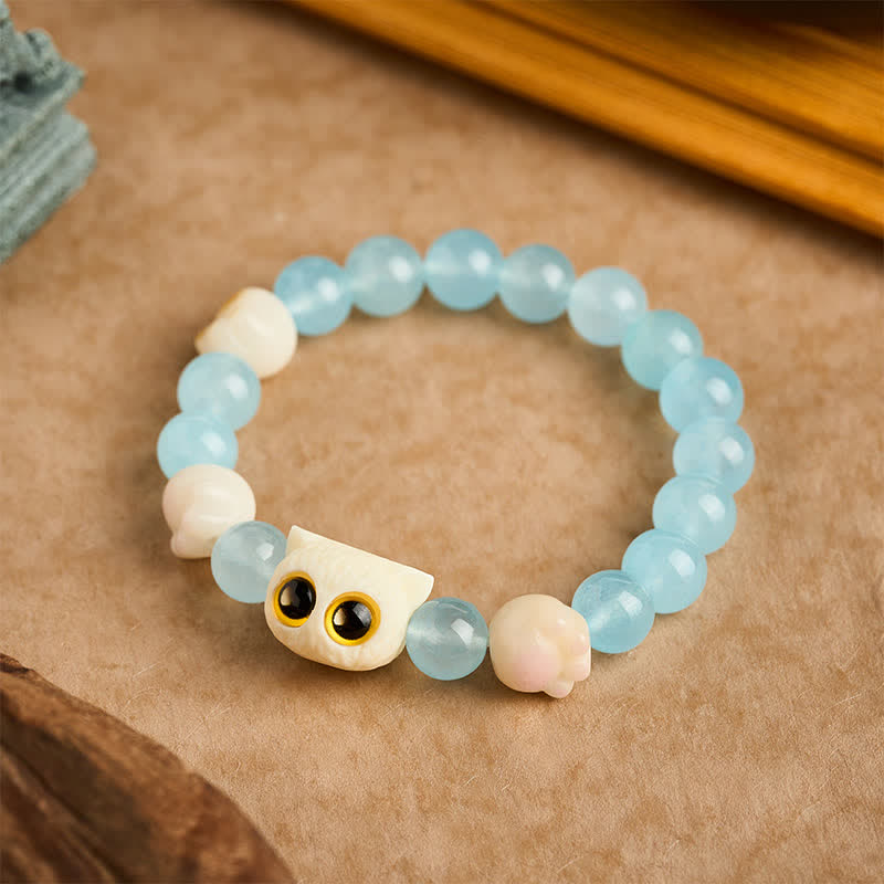Nimara Ritual Blue Chalcedony Hand Carved Cat Purity Bead Bracelet