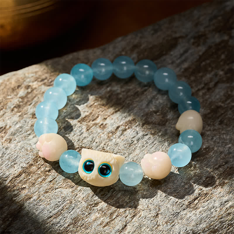 Nimara Ritual Blue Chalcedony Hand Carved Cat Purity Bead Bracelet