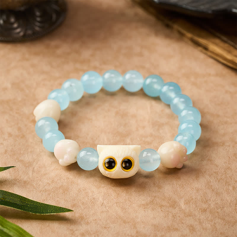 Nimara Ritual Blue Chalcedony Hand Carved Cat Purity Bead Bracelet
