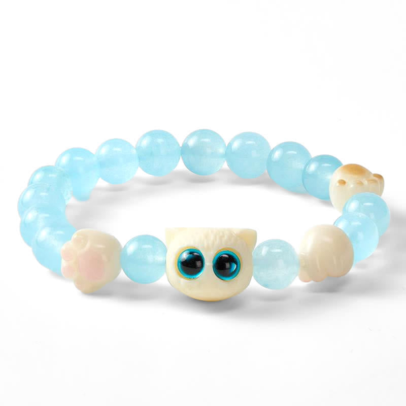 Nimara Ritual Blue Chalcedony Hand Carved Cat Purity Bead Bracelet