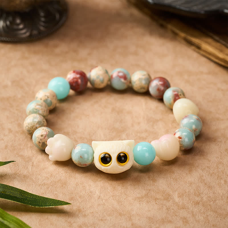Nimara Ritual Shoushan Stone Hand-Carved Cat Purity Relief Bead Bracelet