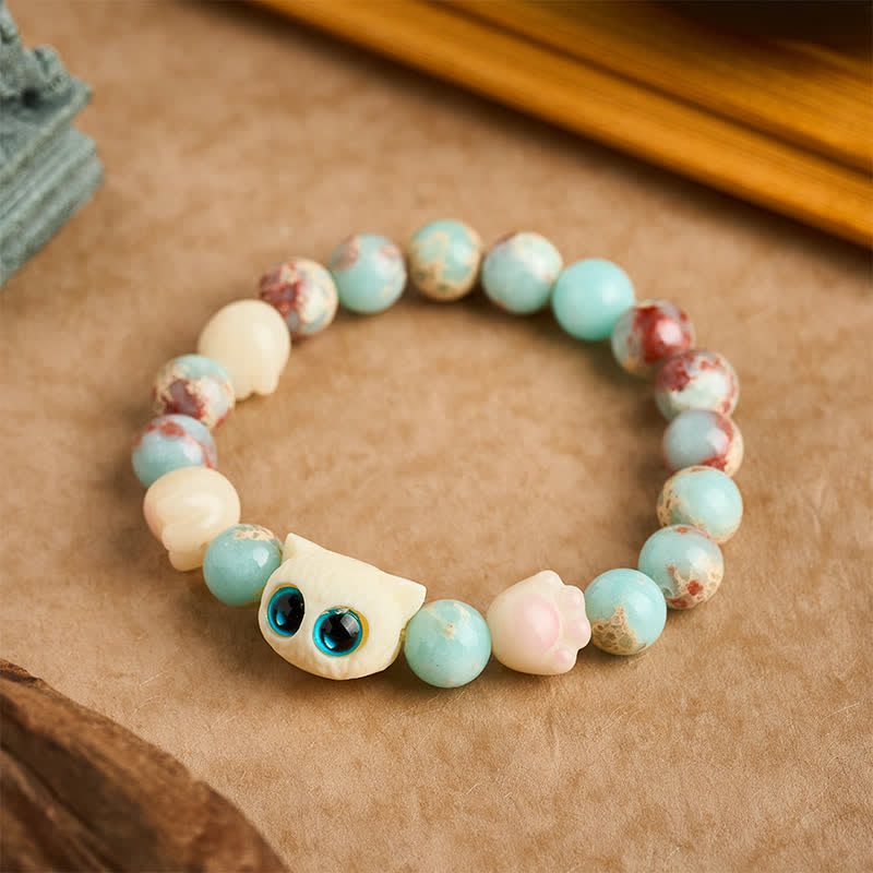 Nimara Ritual Shoushan Stone Hand-Carved Cat Purity Relief Bead Bracelet