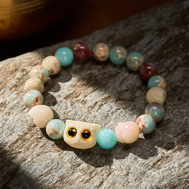 Nimara Ritual Shoushan Stone Hand-Carved Cat Purity Relief Bead Bracelet
