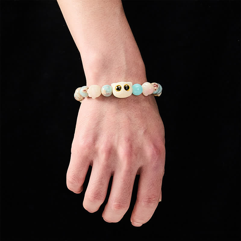 Nimara Ritual Shoushan Stone Hand-Carved Cat Purity Relief Bead Bracelet