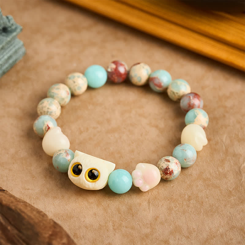 Nimara Ritual Shoushan Stone Hand-Carved Cat Purity Relief Bead Bracelet