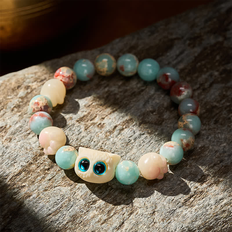 Nimara Ritual Shoushan Stone Hand-Carved Cat Purity Relief Bead Bracelet