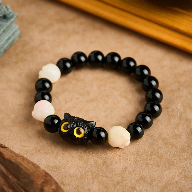 Nimara Ritual Hand Carved Black Obsidian Yellow Eye Cat Head Grounding Bead Bracelet