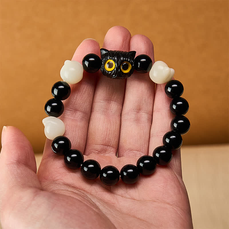 Nimara Ritual Hand Carved Black Obsidian Yellow Eye Cat Head Grounding Bead Bracelet