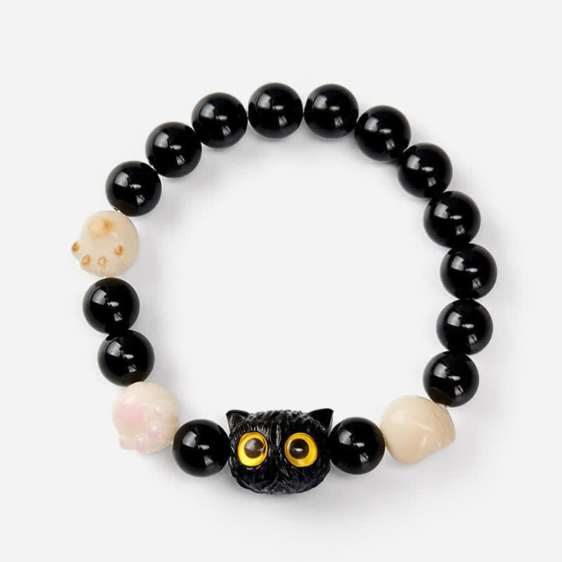 Nimara Ritual Hand Carved Black Obsidian Yellow Eye Cat Head Grounding Bead Bracelet