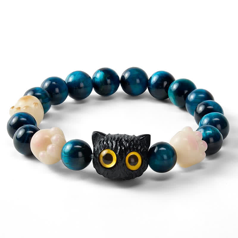 Nimara Ritual Blue Tiger Eye Cute Hand-Carved Cat Grounding Bead Bracelet