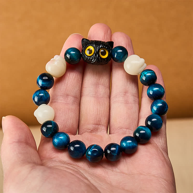 Nimara Ritual Blue Tiger Eye Cute Hand-Carved Cat Grounding Bead Bracelet