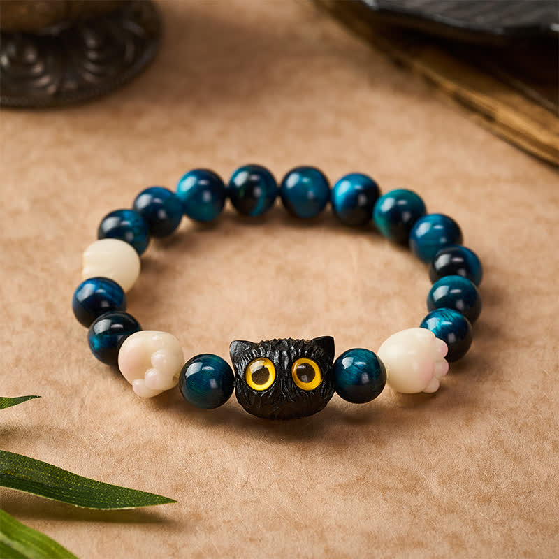 Nimara Ritual Blue Tiger Eye Cute Hand-Carved Cat Grounding Bead Bracelet