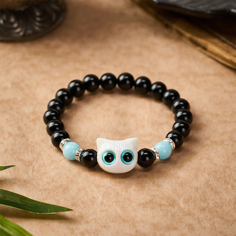 Nimara Ritual Black Obsidian Cute Big Eye Cat Protection Beaded Bracelet